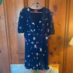 STAUD Navy Blue Mini Dress with Colorful Patterns